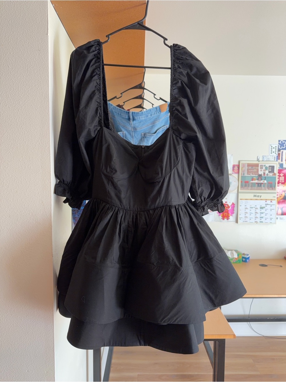 Selkie Black Mini Dress with Puff Sleeves - Picture 3 of 4